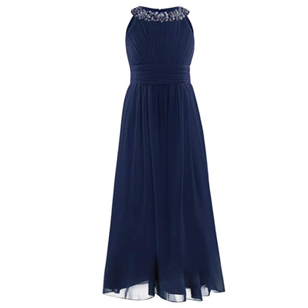 Navy Embellished Halter Chiffon Girls' Formal Dress